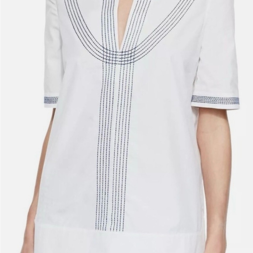 Tory Burch Embroidered Poplin Relaxed Minimalist Tunic Top White Blue size 14